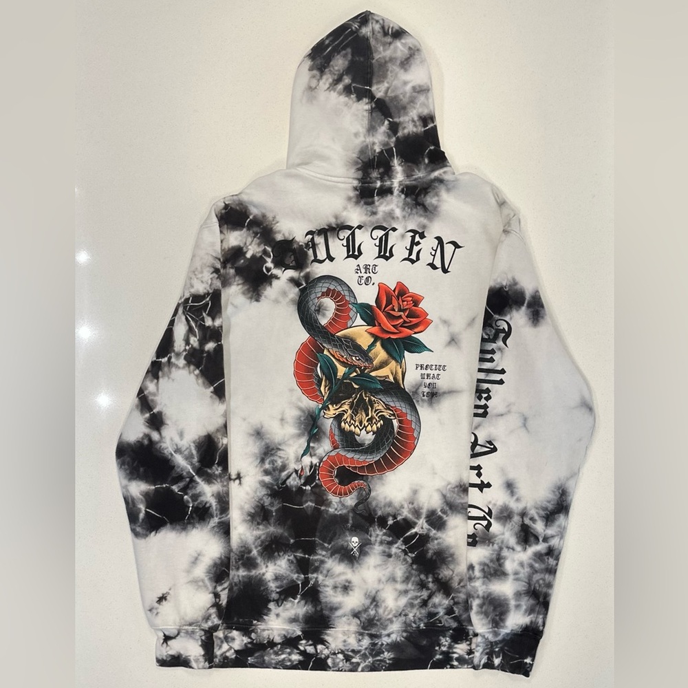 Sullen Black and White Tie-Dye Hoodie with Snake and Rose Graphic